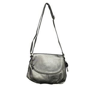 George Silver Faux Leather Shoulder Bag Adjustable Strap Zippered Compartments